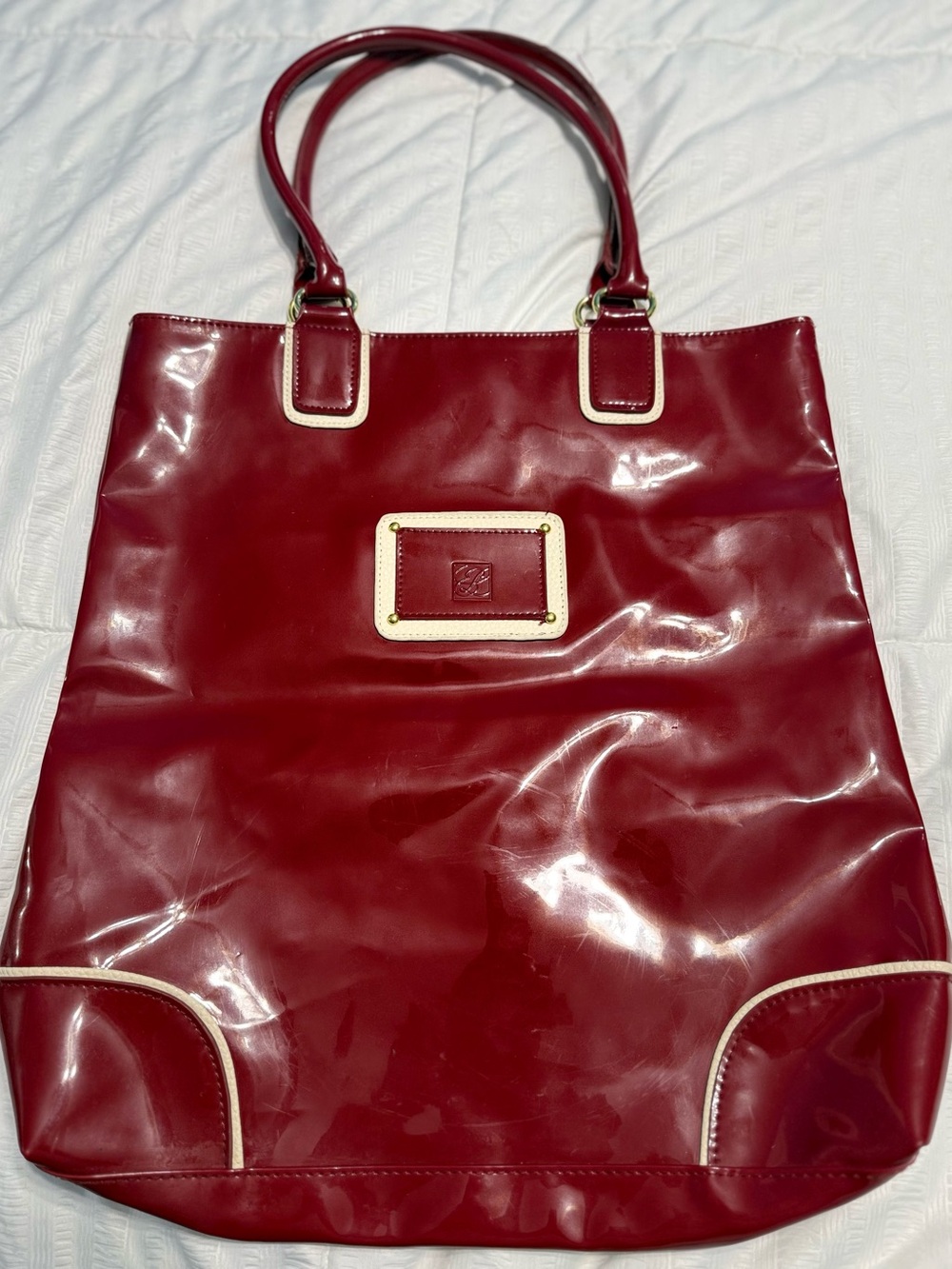 Estee Lauder Red Patent Tote with Cream Trim